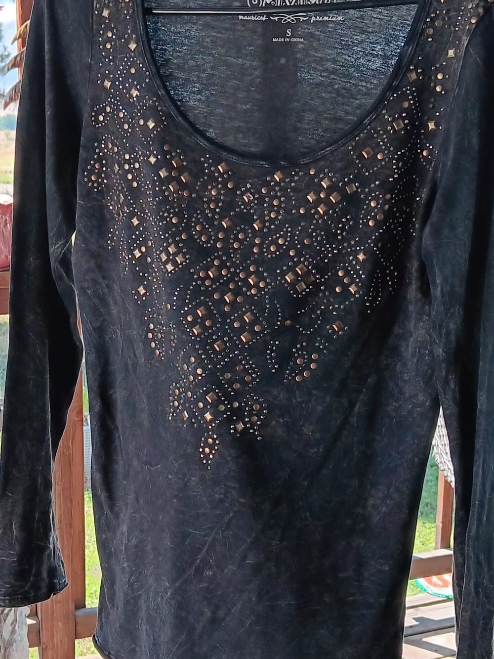 Maurices Black Long-Sleeve Scoop Neck Top with Stud Detail